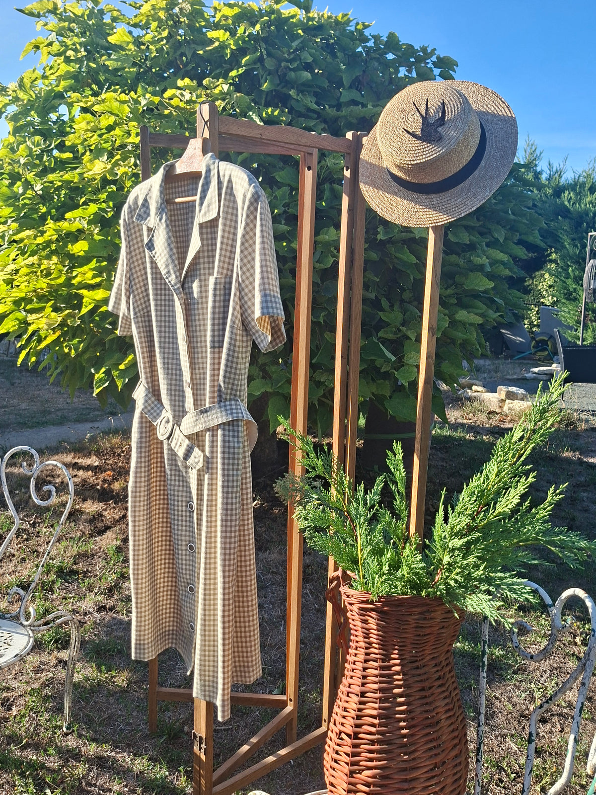Robe Vintage ceinturée carreaux vichy kaki blanc cassé
