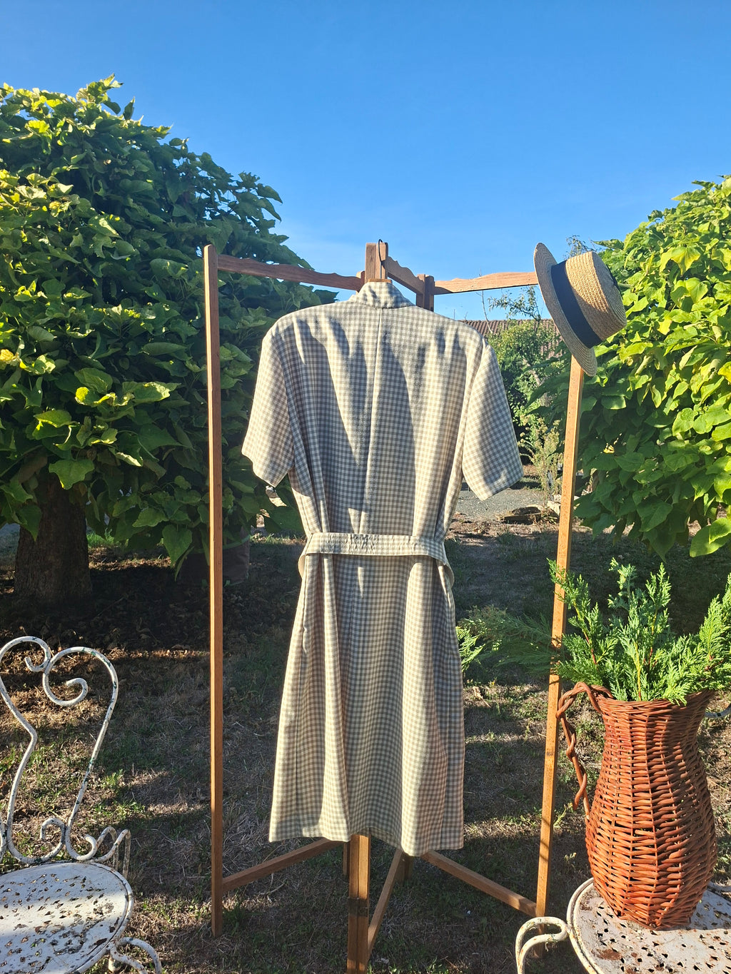 Robe Vintage ceinturée carreaux vichy kaki blanc cassé