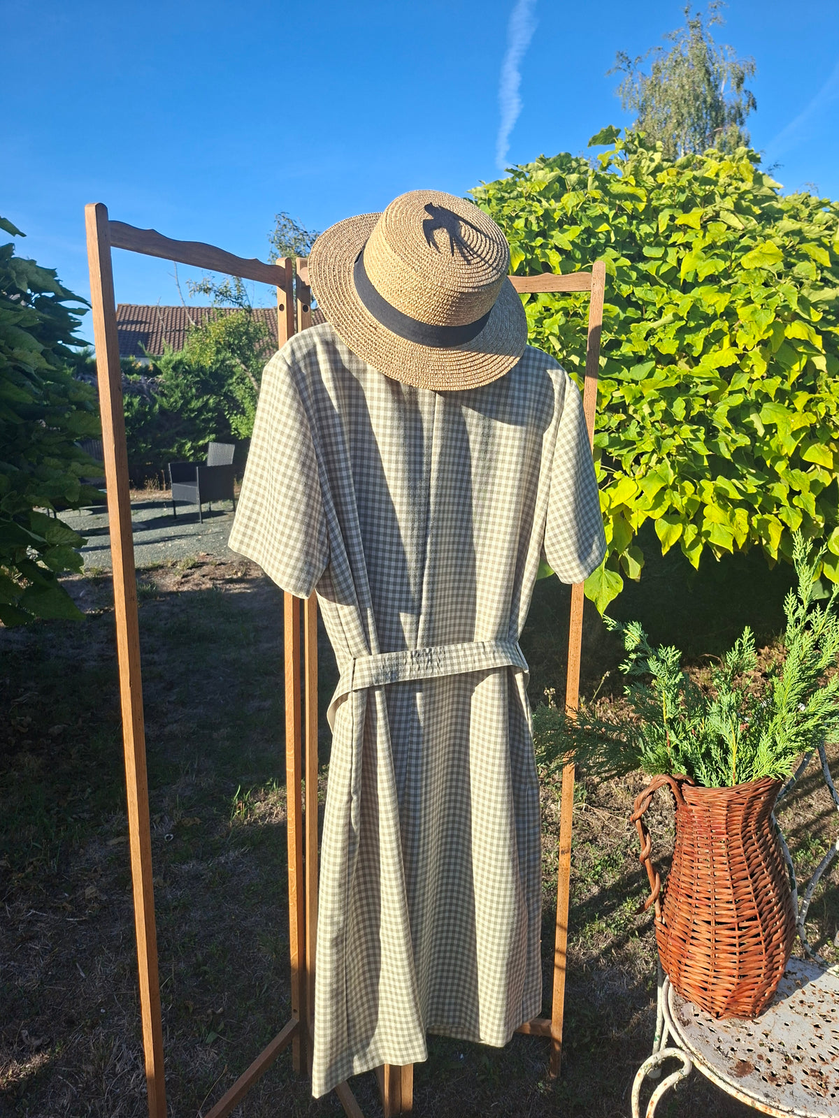 Robe Vintage ceinturée carreaux vichy kaki blanc cassé